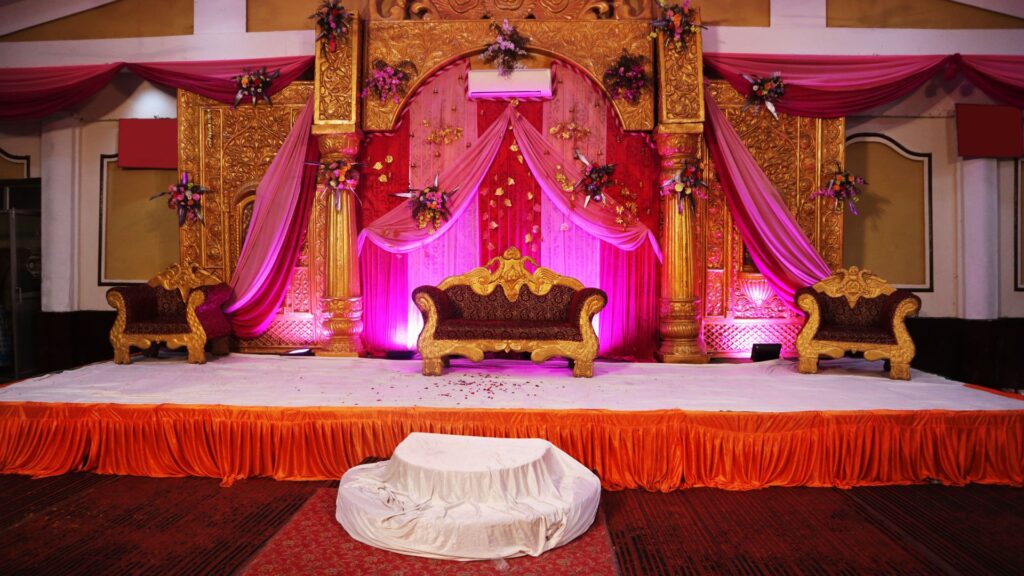 Luxurious engagement hall in Lucknow with elegant decor and spacious seating